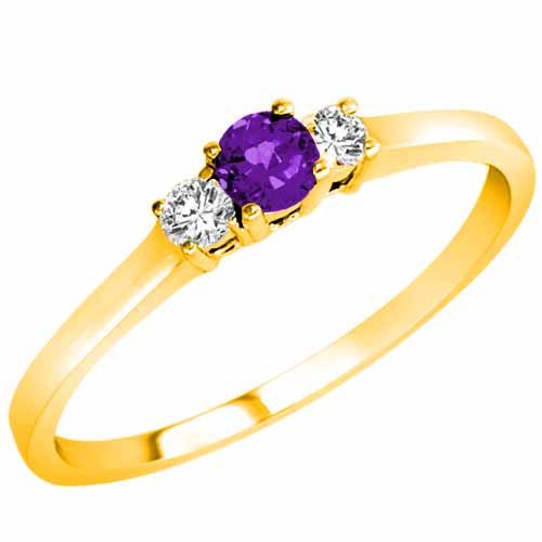 10K Yellow Gold Round 3 Stone Amethyst and Diamond Ring (0.25 cttw)
