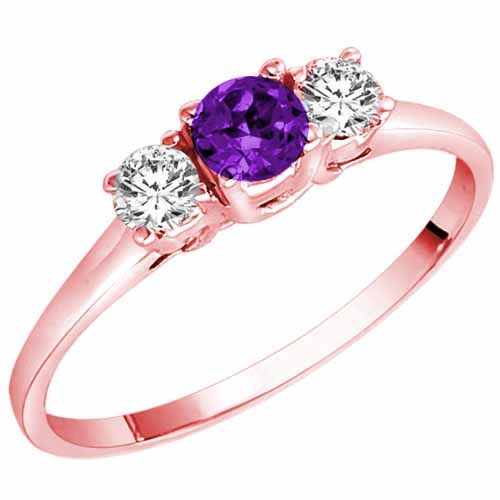 14K Rose Gold Round 3 Stone Amethyst and Diamond Ring (0.45 cttw)