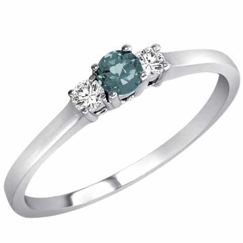 10K White Gold Round 3 Stone Aquamarine and Diamond Ring (0.25 cttw)