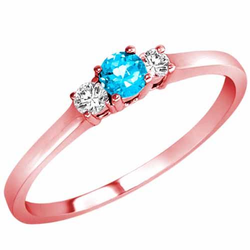 14K Rose Gold Round 3 Stone Blue Topaz and Diamond Ring (0.25 cttw)