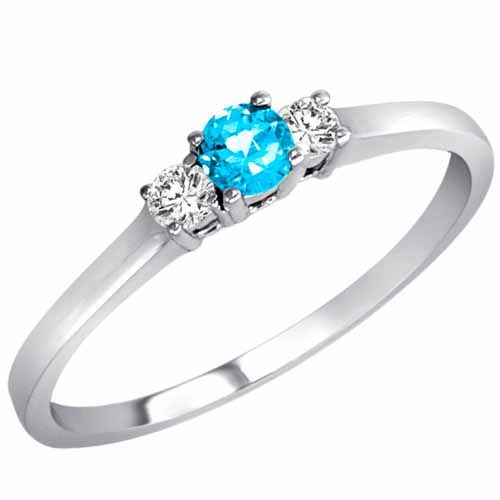 18K White Gold Round 3 Stone Blue Topaz and Diamond Ring (0.25 cttw)