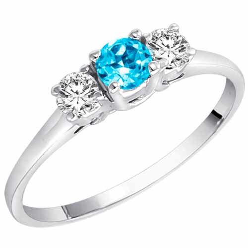 14K White Gold Round 3 Stone Blue Topaz and Diamond Ring (0.45 cttw)