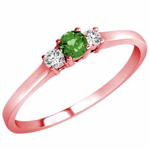 14K Rose Gold Round 3 Stone Emerald and Diamond Ring (0.25 cttw)