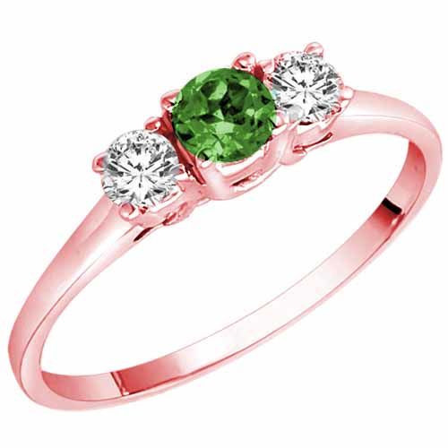 10K Rose Gold Round 3 Stone Emerald and Diamond Ring (0.45 cttw)