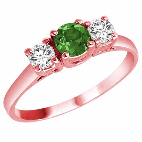 14K Rose Gold Round 3 Stone Emerald and Diamond Ring (0.95 cttw)
