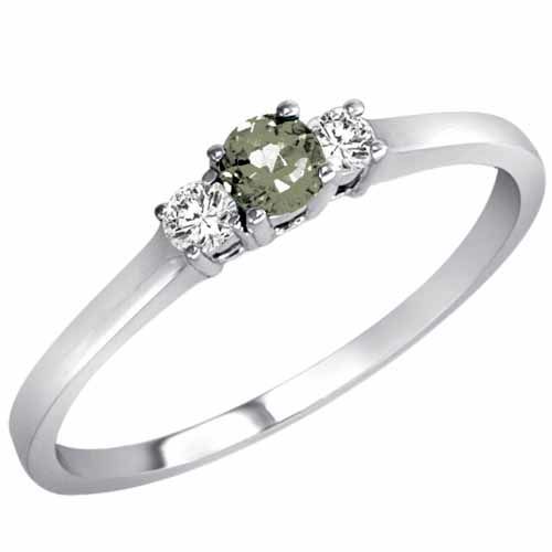 18K White Gold Round 3 Stone Green Amethyst and Diamond Ring (0.25 cttw)