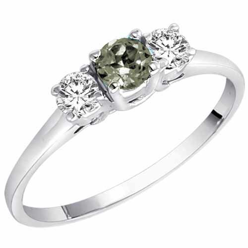 14K White Gold Round 3 Stone Green Amethyst and Diamond Ring (0.45 cttw)