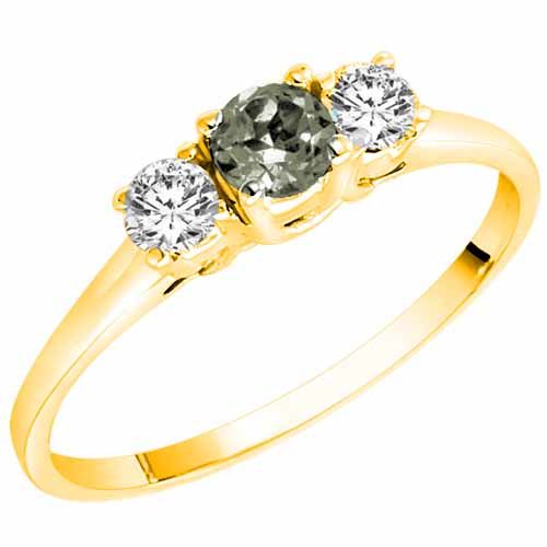 18K Yellow Gold Round 3 Stone Green Amethyst and Diamond Ring (0.45 cttw)