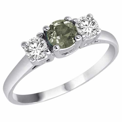 14K White Gold Round 3 Stone Green Amethyst and Diamond Ring (0.95 cttw)