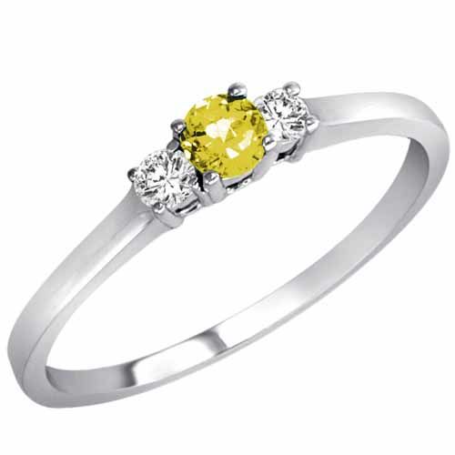 14K White Gold Round 3 Stone Lemon Quartz and Diamond Ring (0.25 cttw)