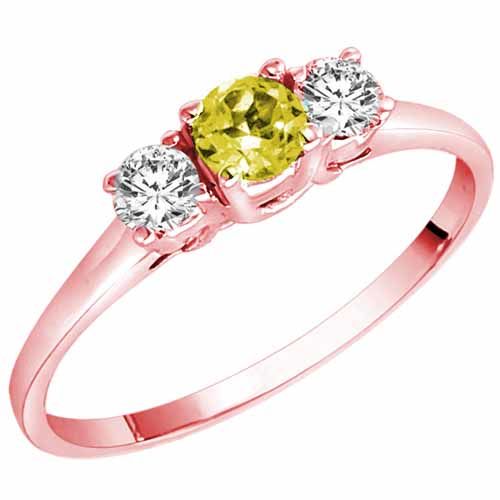 10K Rose Gold Round 3 Stone Lemon Quartz and Diamond Ring (0.45 cttw)