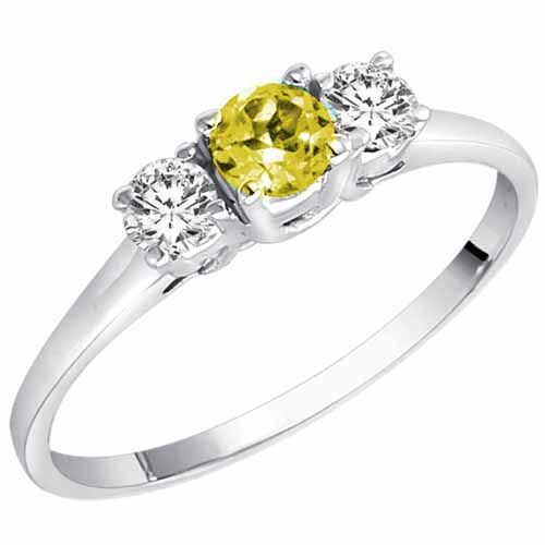 18K White Gold Round 3 Stone Lemon Quartz and Diamond Ring (0.45 cttw)