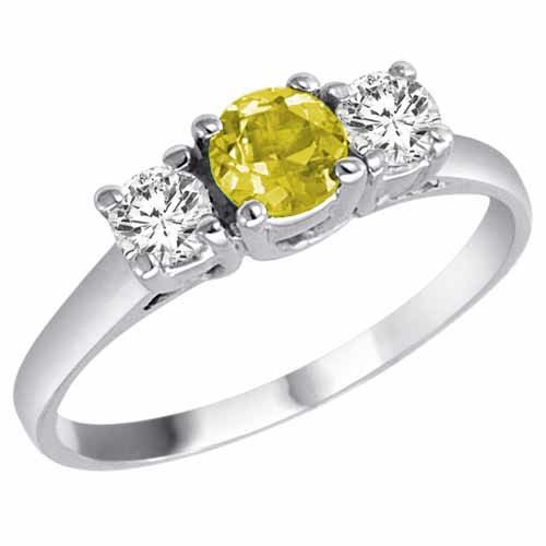 14K White Gold Round 3 Stone Lemon Quartz and Diamond Ring (0.95 cttw)