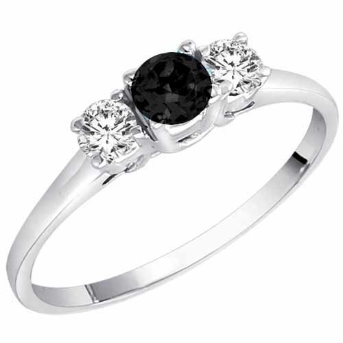Sterling Silver Round 3 Stone Onyx and Diamond Ring (0.45 cttw)