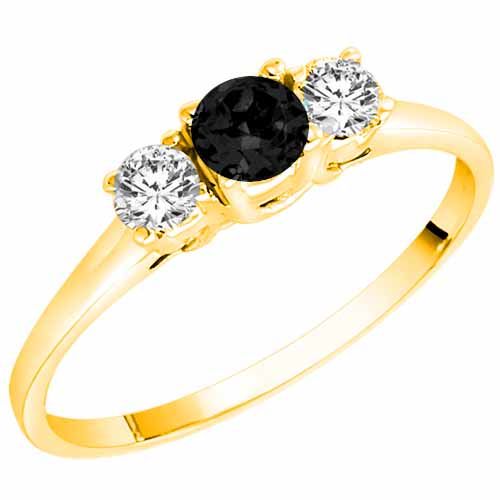 14K Yellow Gold Round 3 Stone Onyx and Diamond Ring (0.45 cttw)