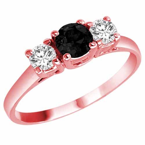 14K Rose Gold Round 3 Stone Onyx and Diamond Ring (0.95 cttw)