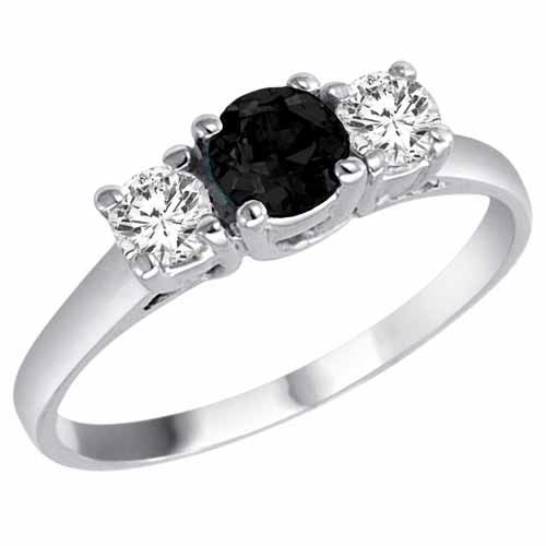 Sterling Silver Round 3 Stone Onyx and Diamond Ring (0.95 cttw)