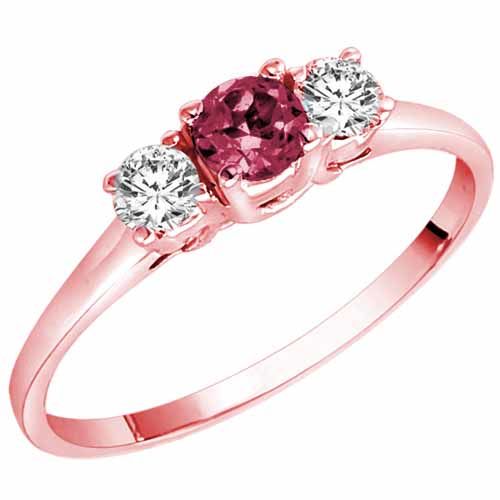 14K Rose Gold Round 3 Stone Pink Tourmaline and Diamond Ring (0.45 cttw)