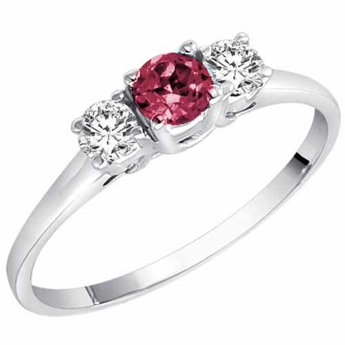 14K White Gold Round 3 Stone Pink Tourmaline and Diamond Ring (0.45 cttw)
