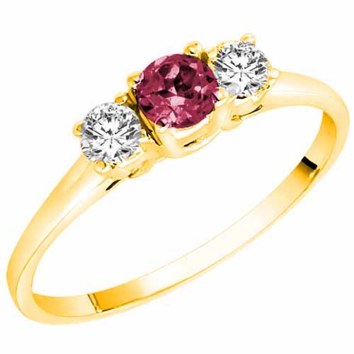 10K Yellow Gold Round 3 Stone Pink Tourmaline and Diamond Ring (0.45 cttw)