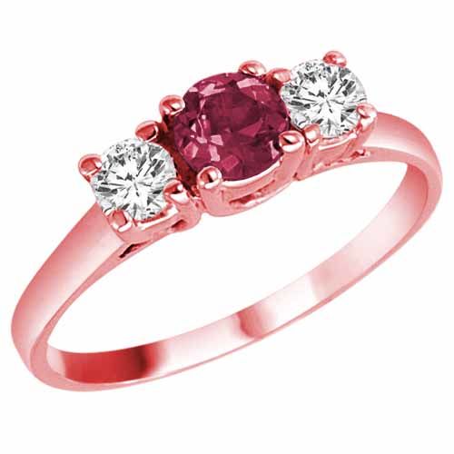 14K Rose Gold Round 3 Stone Pink Tourmaline and Diamond Ring (0.95 cttw)