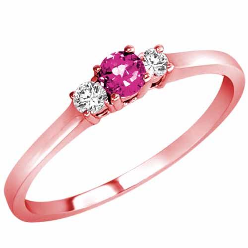 18K Rose Gold Round 3 Stone Pink Sapphire and Diamond Ring (0.25 cttw)