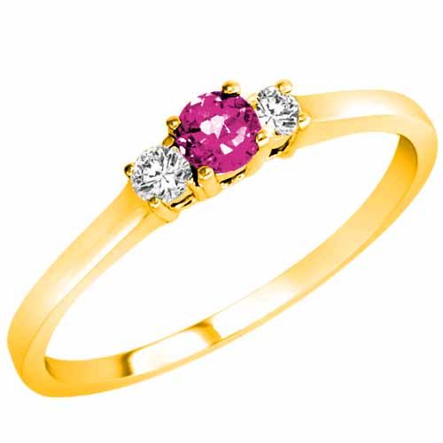 18K Yellow Gold Round 3 Stone Pink Sapphire and Diamond Ring (0.25 cttw)