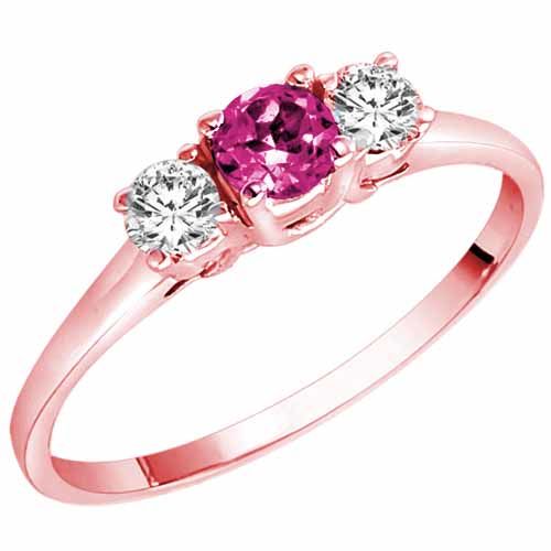 14K Rose Gold Round 3 Stone Pink Sapphire and Diamond Ring (0.45 cttw)