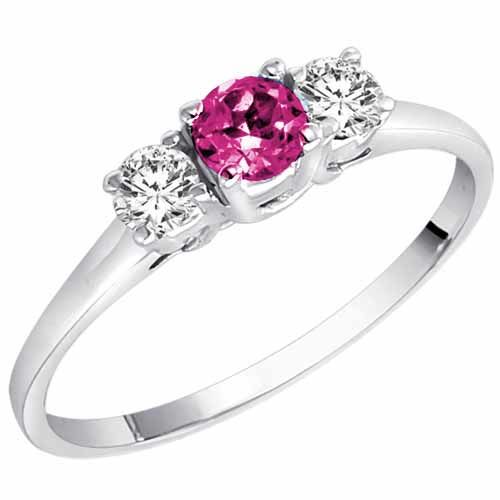 Platinum Round 3 Stone Pink Sapphire and Diamond Ring (0.45 cttw)