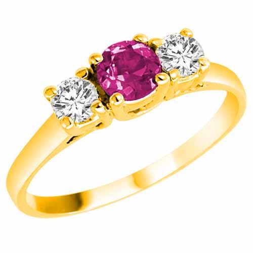 10K Yellow Gold Round 3 Stone Pink Topaz and Diamond Ring (0.95 cttw)