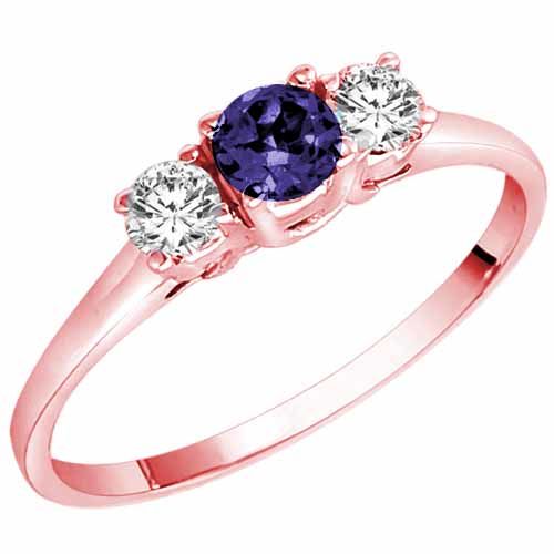 14K Rose Gold Round 3 Stone Blue Sapphire and Diamond Ring (0.45 cttw)