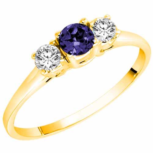 10K Yellow Gold Round 3 Stone Blue Sapphire and Diamond Ring (0.45 cttw)