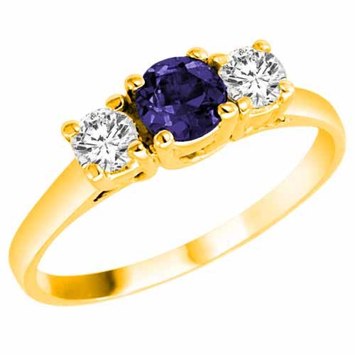 14K Yellow Gold Round 3 Stone Blue Sapphire and Diamond Ring (0.95 cttw)