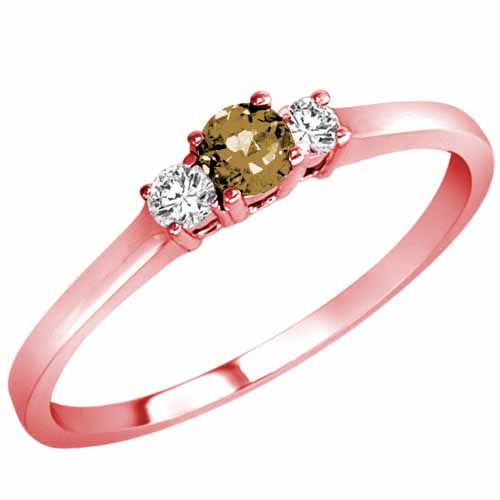 14K Rose Gold Round 3 Stone Smoky Quartz and Diamond Ring (0.25 cttw)