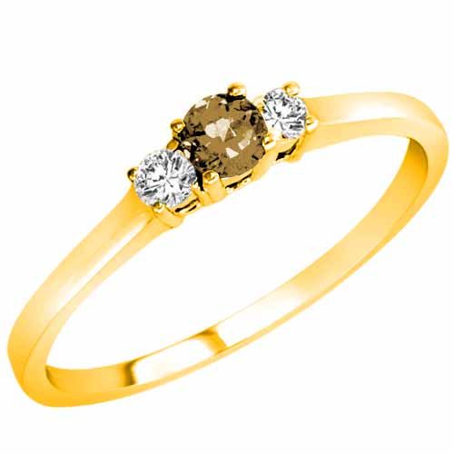 10K Yellow Gold Round 3 Stone Smoky Quartz and Diamond Ring (0.25 cttw)