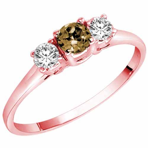 14K Rose Gold Round 3 Stone Smoky Quartz and Diamond Ring (0.45 cttw)