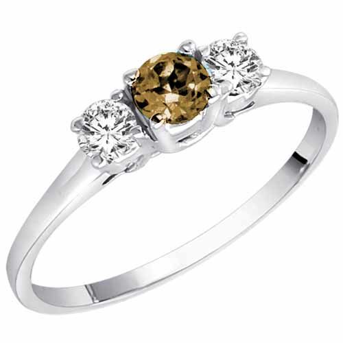 10K White Gold Round 3 Stone Smoky Quartz and Diamond Ring (0.45 cttw)