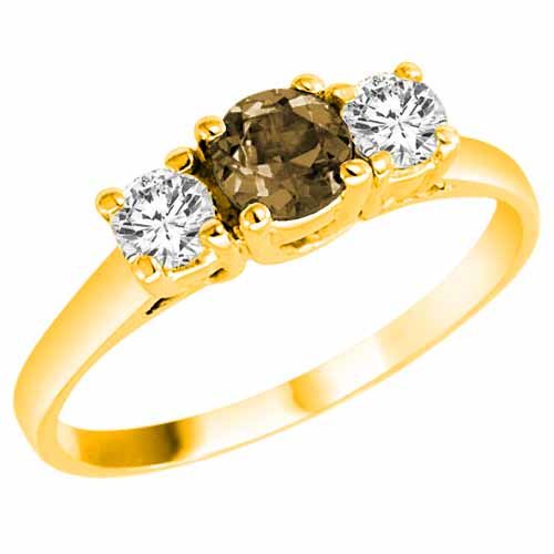 18K Yellow Gold Round 3 Stone Smoky Quartz and Diamond Ring (0.95 cttw)