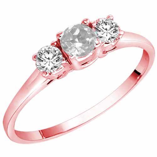 14K Rose Gold Round 3 Stone White Quartz and Diamond Ring (0.45 cttw)