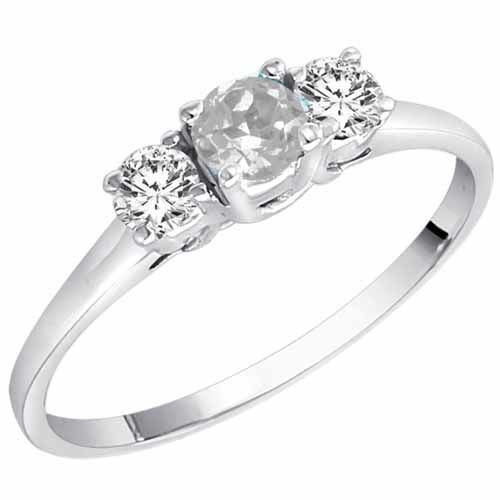 14K White Gold Round 3 Stone White Quartz and Diamond Ring (0.45 cttw)