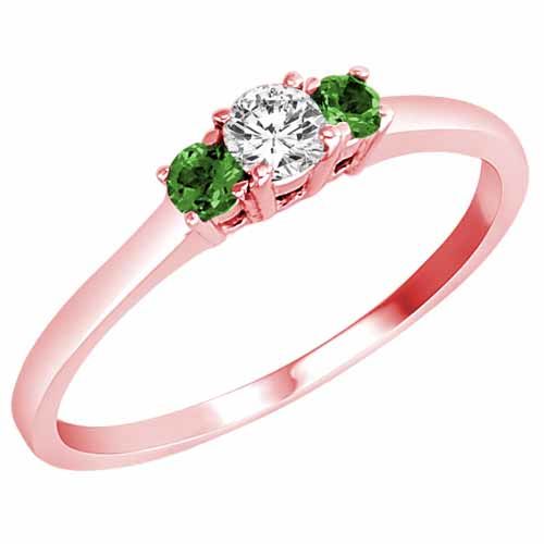 14K Rose Gold Round 3 Stone Diamond and Emerald Accented Engagement Ring (0.25 cttw)