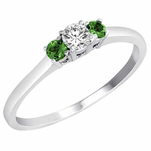 Sterling Silver Round 3 Stone Diamond and Emerald Accented Engagement Ring (0.25 cttw)