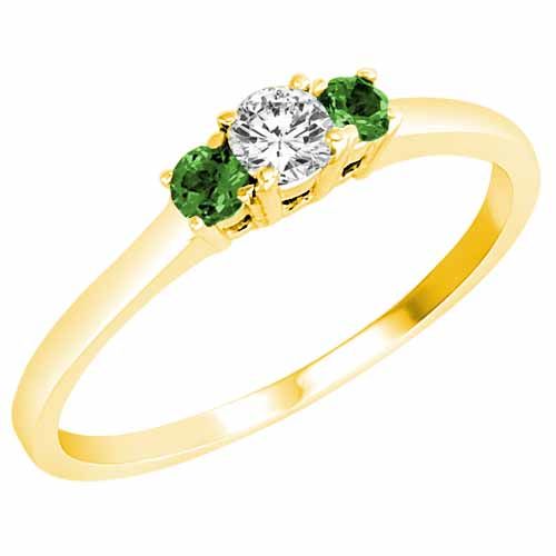 18K Yellow Gold Round 3 Stone Diamond and Emerald Accented Engagement Ring (0.25 cttw)