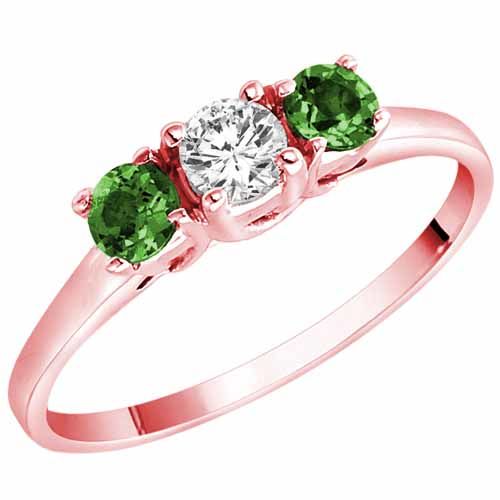 18K Rose Gold Round 3 Stone Diamond and Emerald Accented Engagement Ring (0.45 cttw)