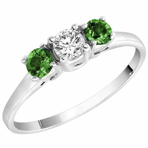 14K White Gold Round 3 Stone Diamond and Emerald Accented Engagement Ring (0.45 cttw)