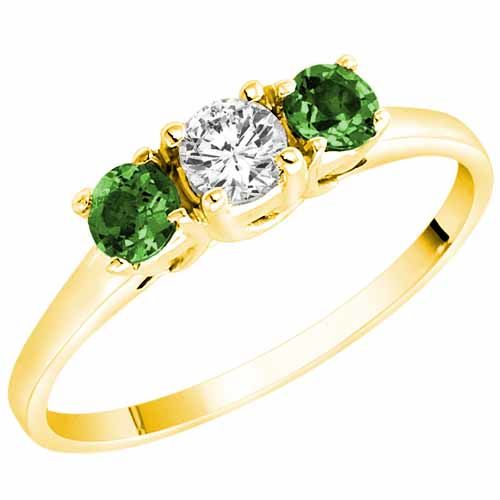 18K Yellow Gold Round 3 Stone Diamond and Emerald Accented Engagement Ring (0.45 cttw)