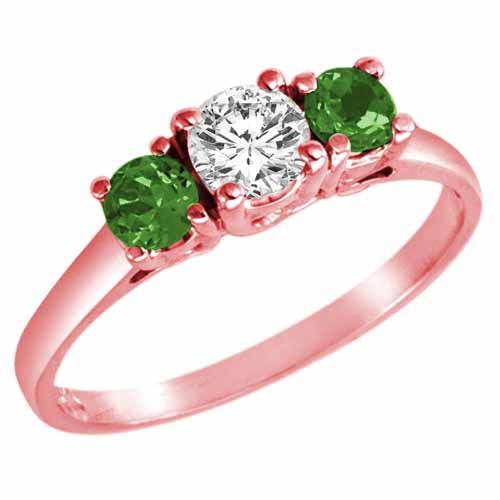 14K Rose Gold Round 3 Stone Diamond and Emerald Accented Engagement Ring (0.95 cttw)