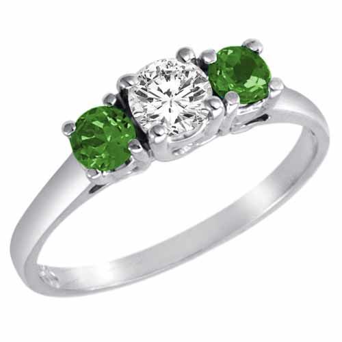 18K White Gold Round 3 Stone Diamond and Emerald Accented Engagement Ring (0.95 cttw)
