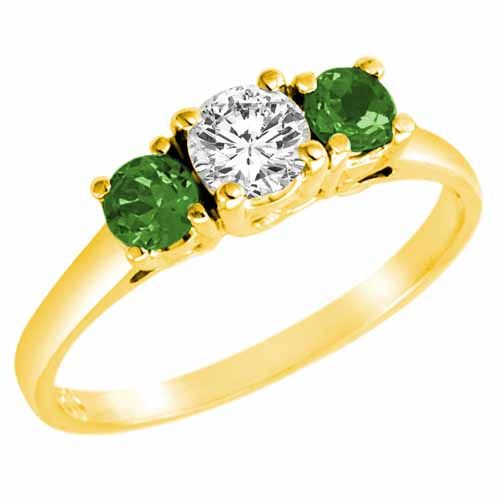 10K Yellow Gold Round 3 Stone Diamond and Emerald Accented Engagement Ring (0.95 cttw)