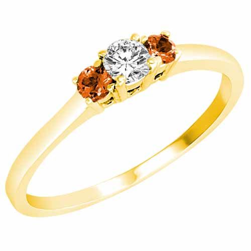 10K Yellow Gold Round 3 Stone Diamond and Fire Opal Accented Engagement Ring (0.25 cttw)